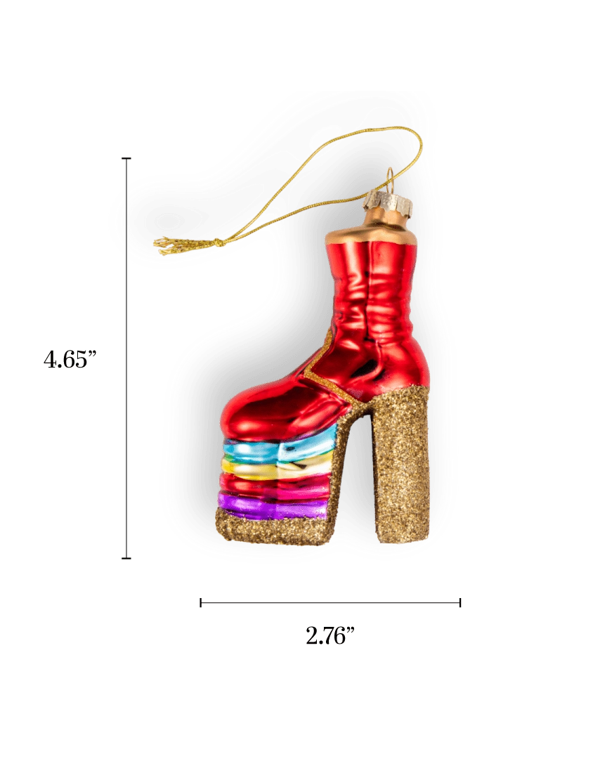 Chive glass platform boot ornament in red with a rainbow glitter sole.