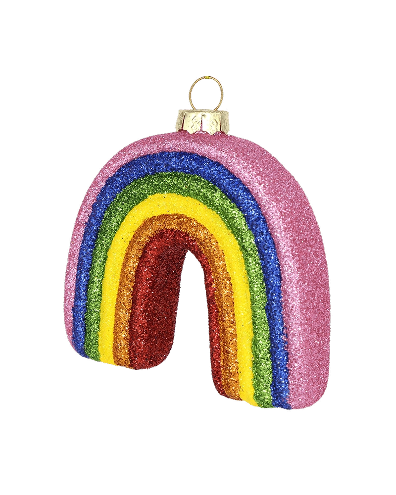 Chive glass rainbow ornament with glittered pink, blue, green, yellow, and red arches.