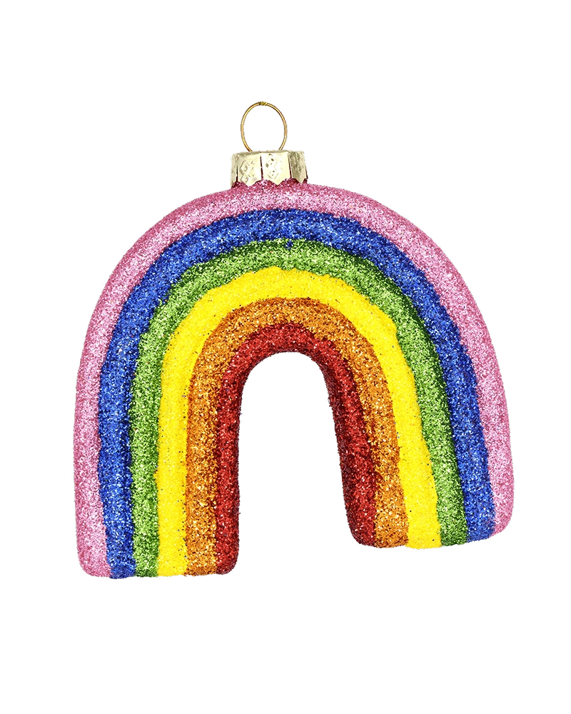 Chive glass rainbow ornament shown straight-on with fully glittered striped arches.