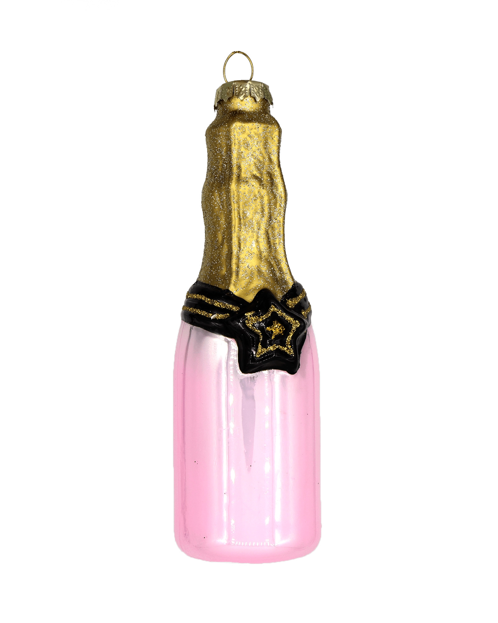 Chive glass rosé bottle ornament in pink with a glittered gold neck and black star seal.