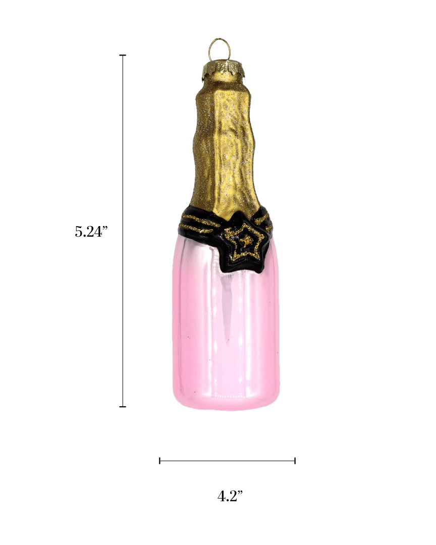Chive glass rosé bottle ornament with a dimension diagram showing its tall slim shape.