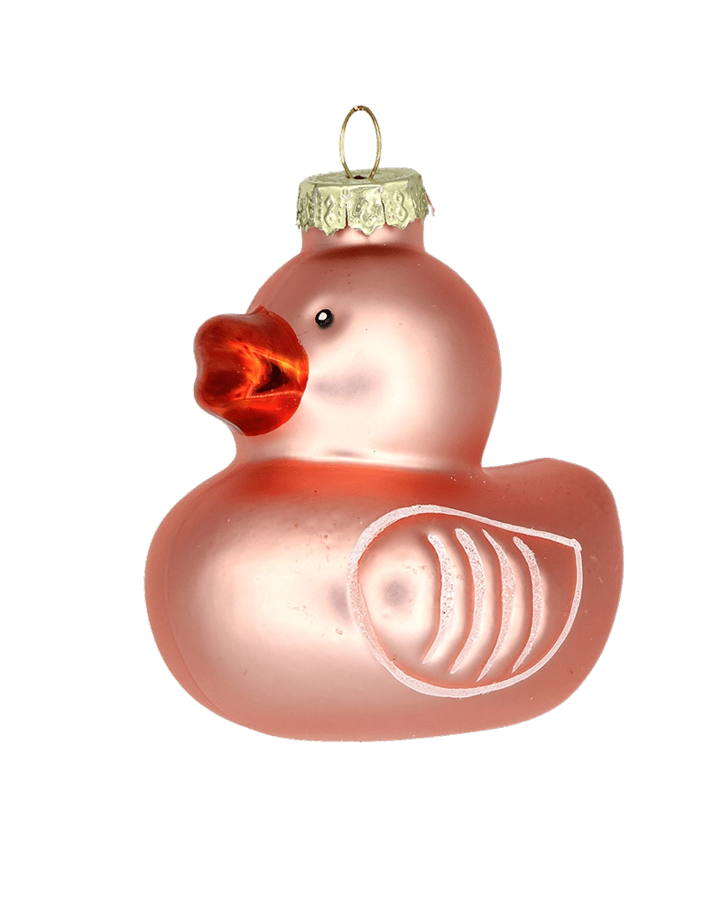 Chive glass rubber duck ornament in matte pink with a glossy red beak.