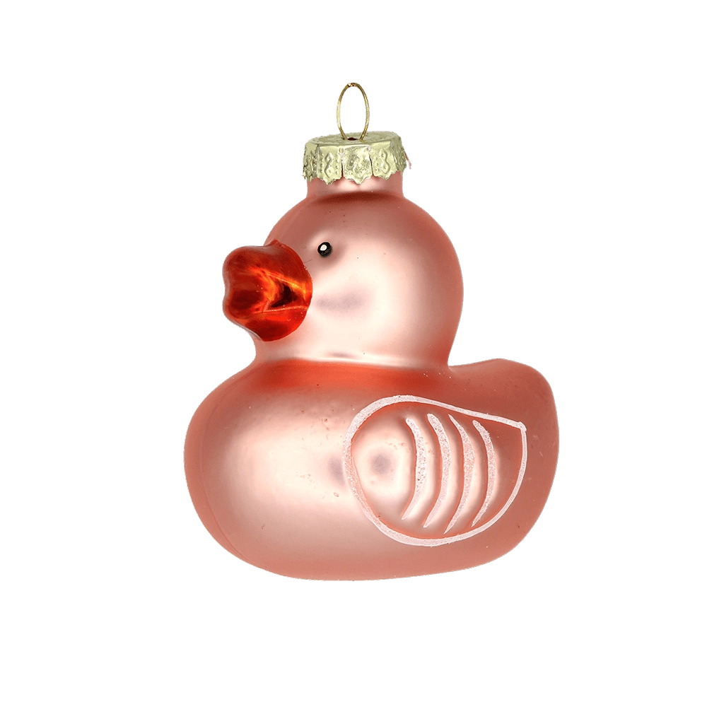 Chive glass rubber duck ornament in matte pink with a glossy red beak.