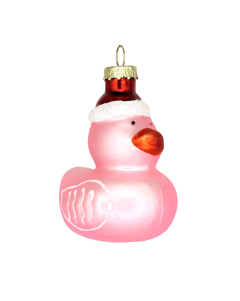 Chive glass rubber duck ornament in pink wearing a red Santa hat with a wing detail.