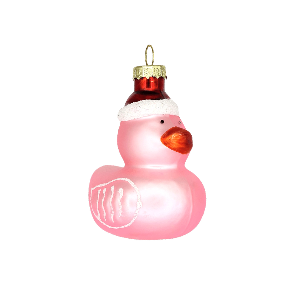Chive glass rubber duck ornament in pink wearing a red Santa hat with a wing detail.