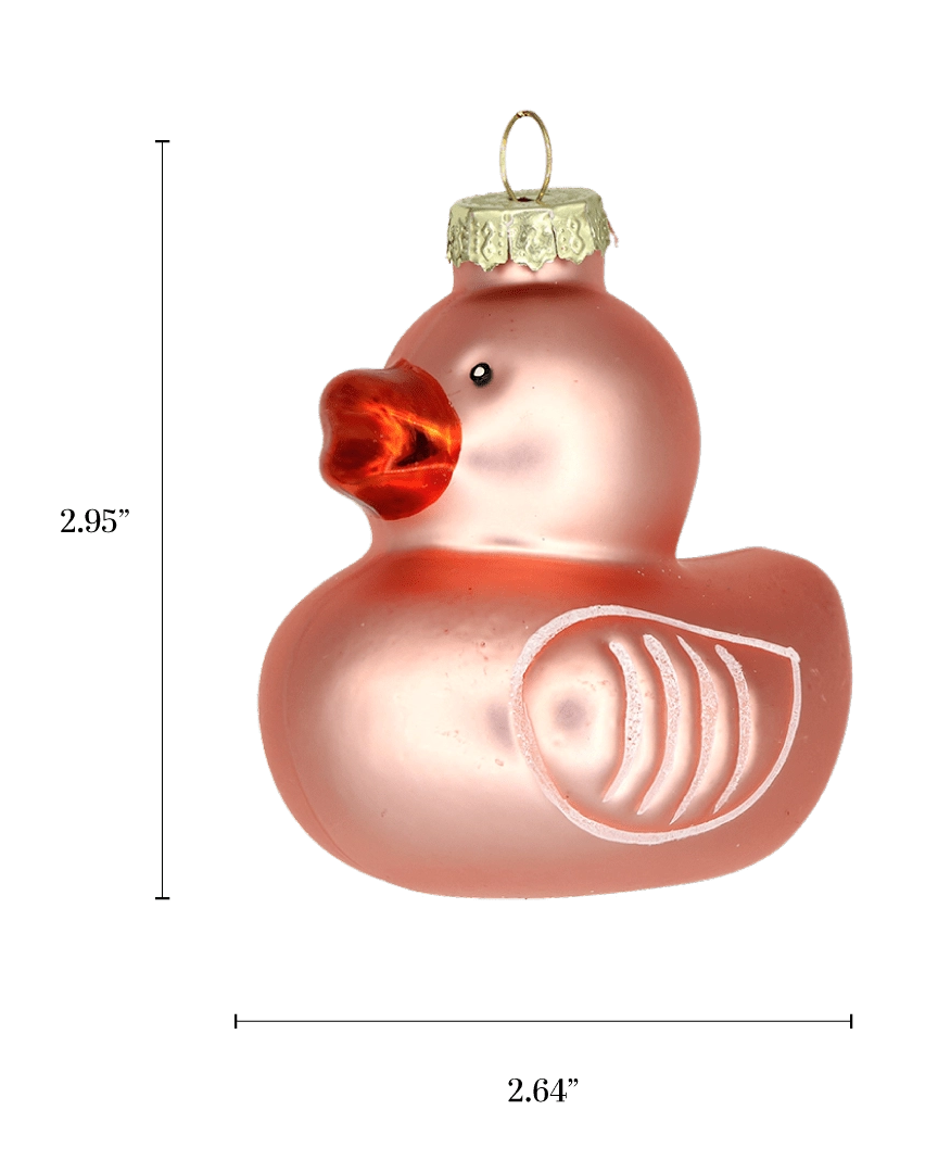 Chive glass rubber duck ornament with a dimension diagram showing its rounded shape.