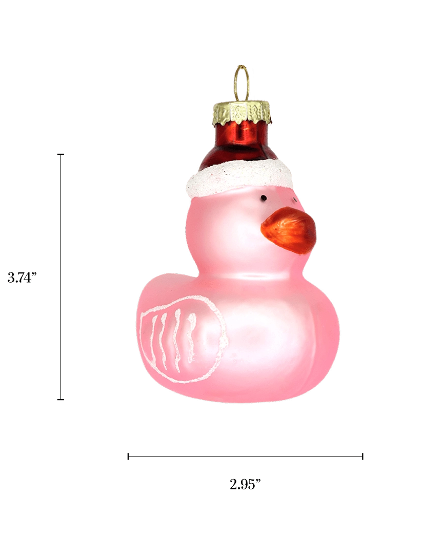Chive glass rubber duck ornament with a dimension diagram showing its small round size.