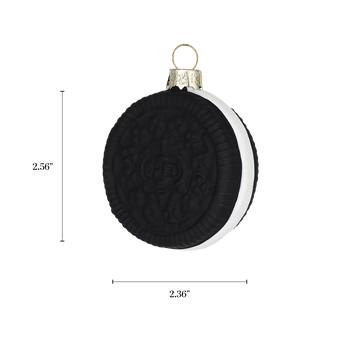 Chive glass sandwich cookie ornament with a dimension diagram showing its round shape.
