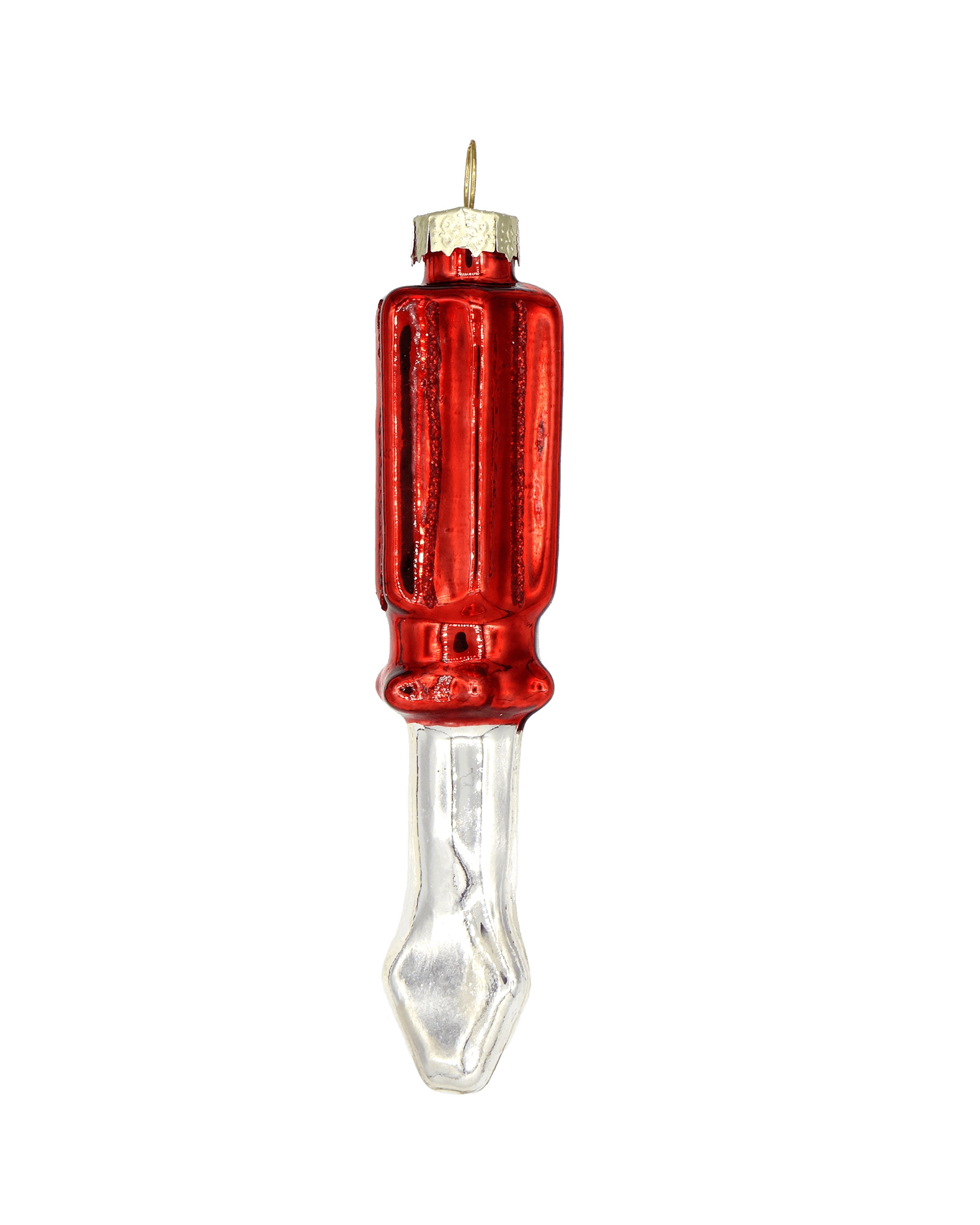 Chive glass screwdriver ornament with a red ridged handle and silver flathead tip.