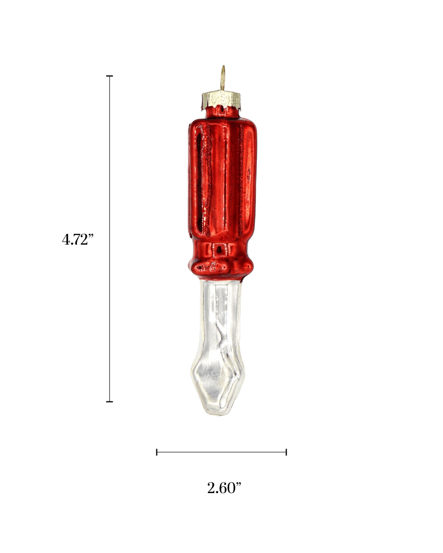 Chive glass screwdriver ornament with a dimension diagram showing its slim tool size.