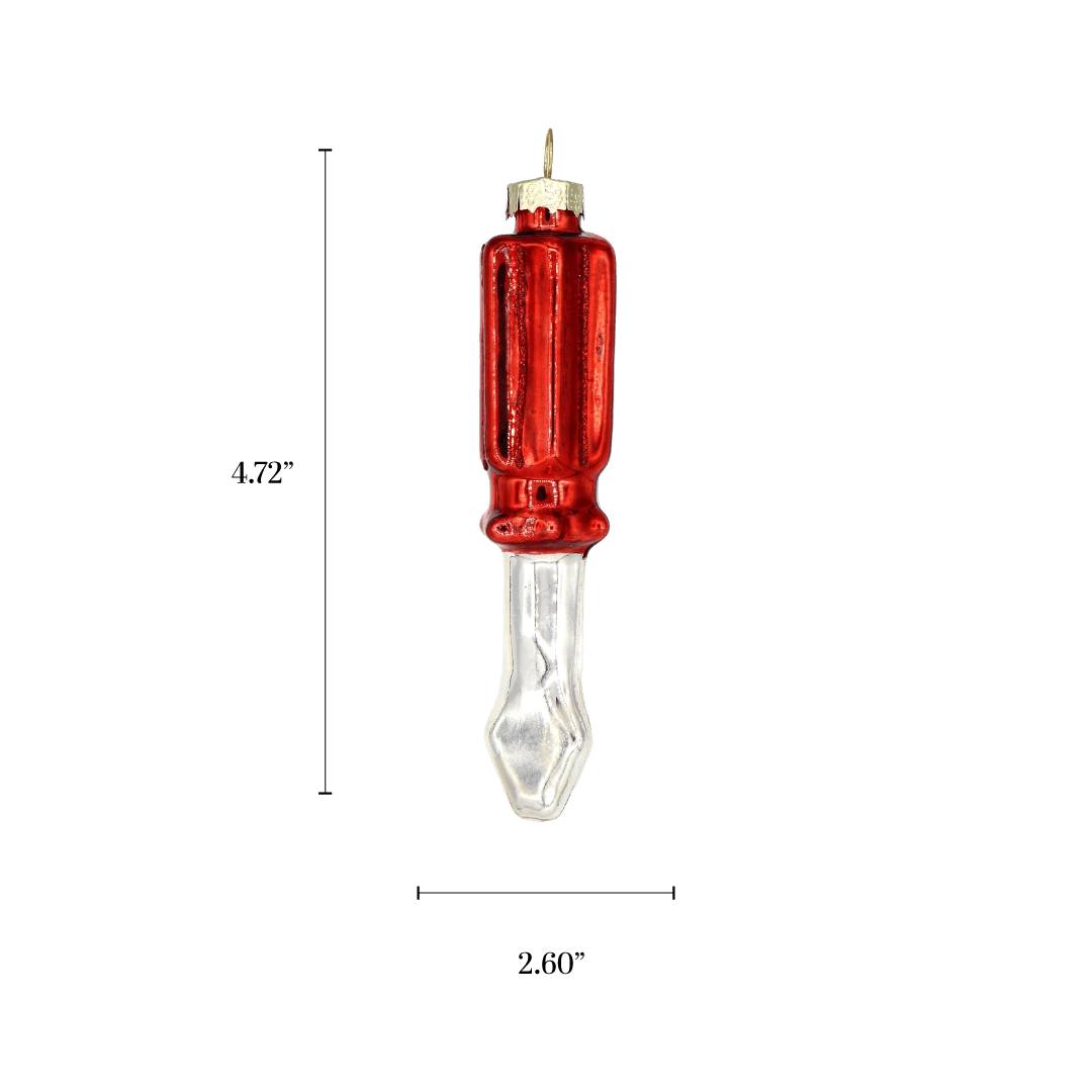 Chive glass screwdriver ornament with a dimension diagram showing its slim tool size.