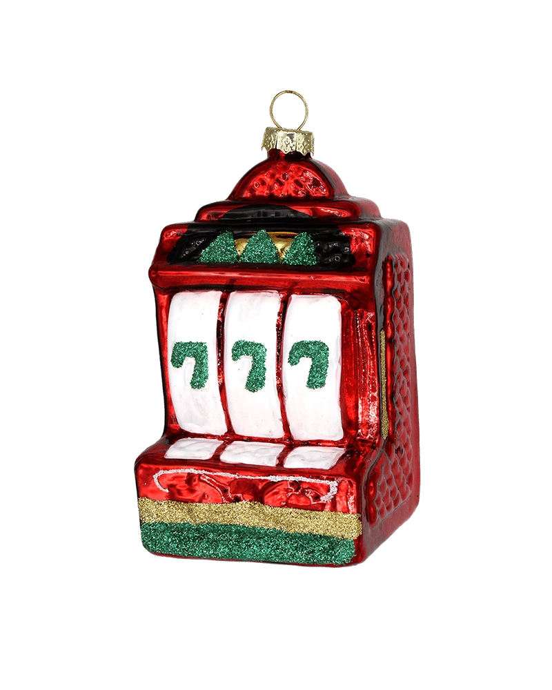 Chive glass slot machine ornament in red with a triple 7 jackpot display.