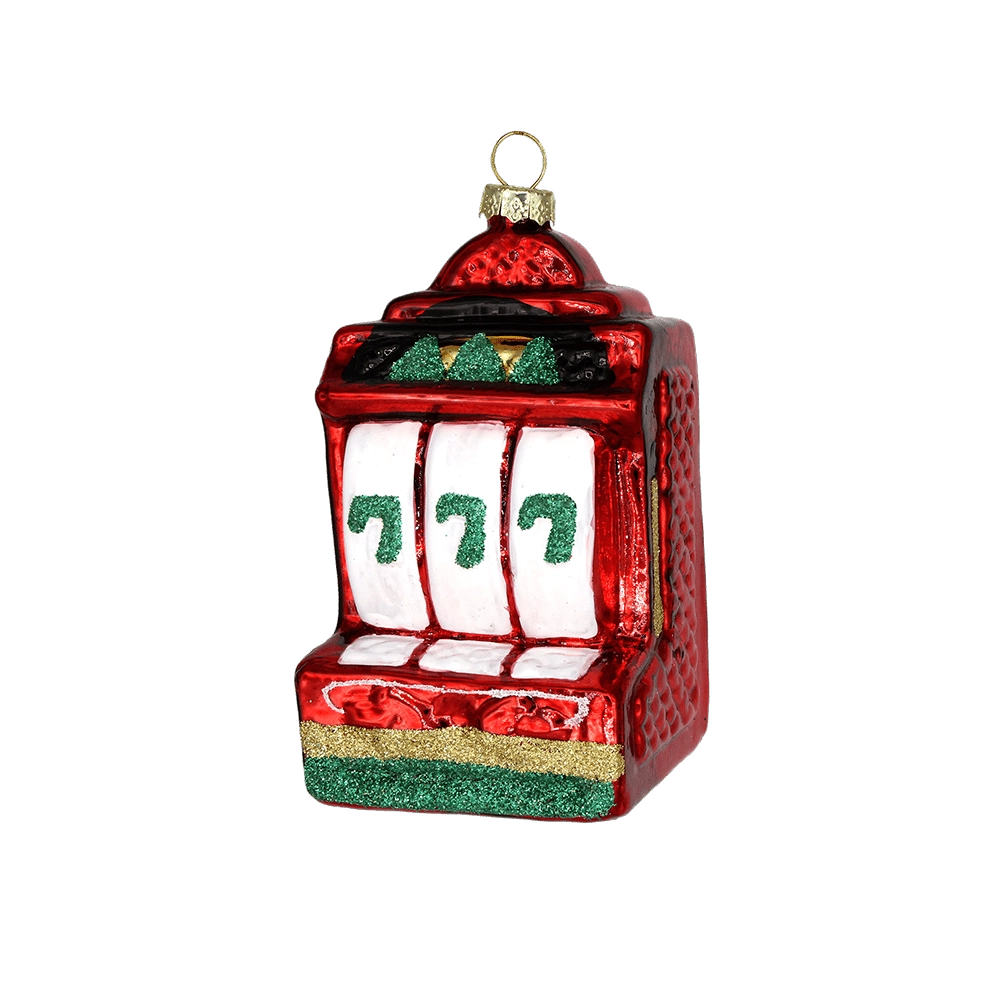 Chive glass slot machine ornament in red with a triple 7 jackpot display.