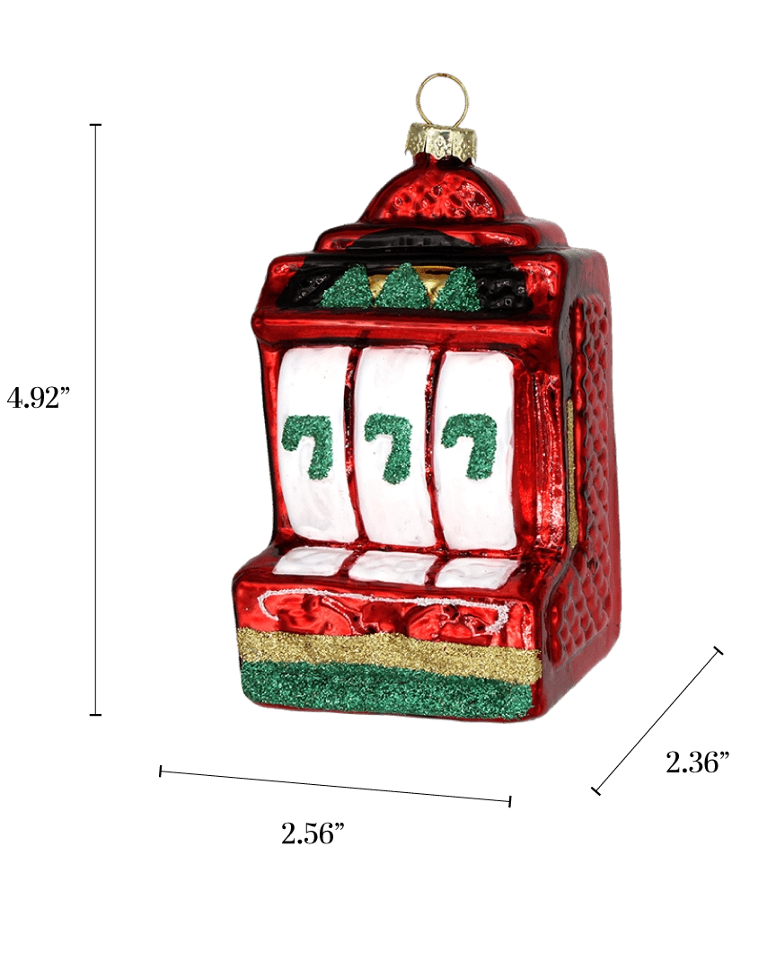 Chive glass slot machine ornament with a dimension diagram showing its tall boxy size.