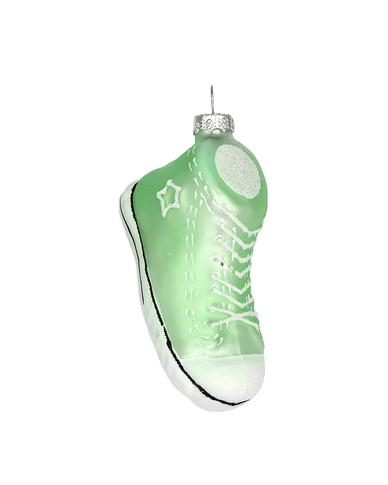 Chive glass sneaker ornament in green with white laces and a glittered star patch.