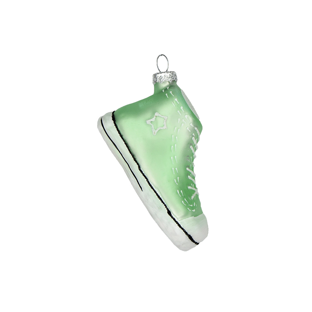 Chive glass sneaker ornament shown at a similar angle with white sole detail.