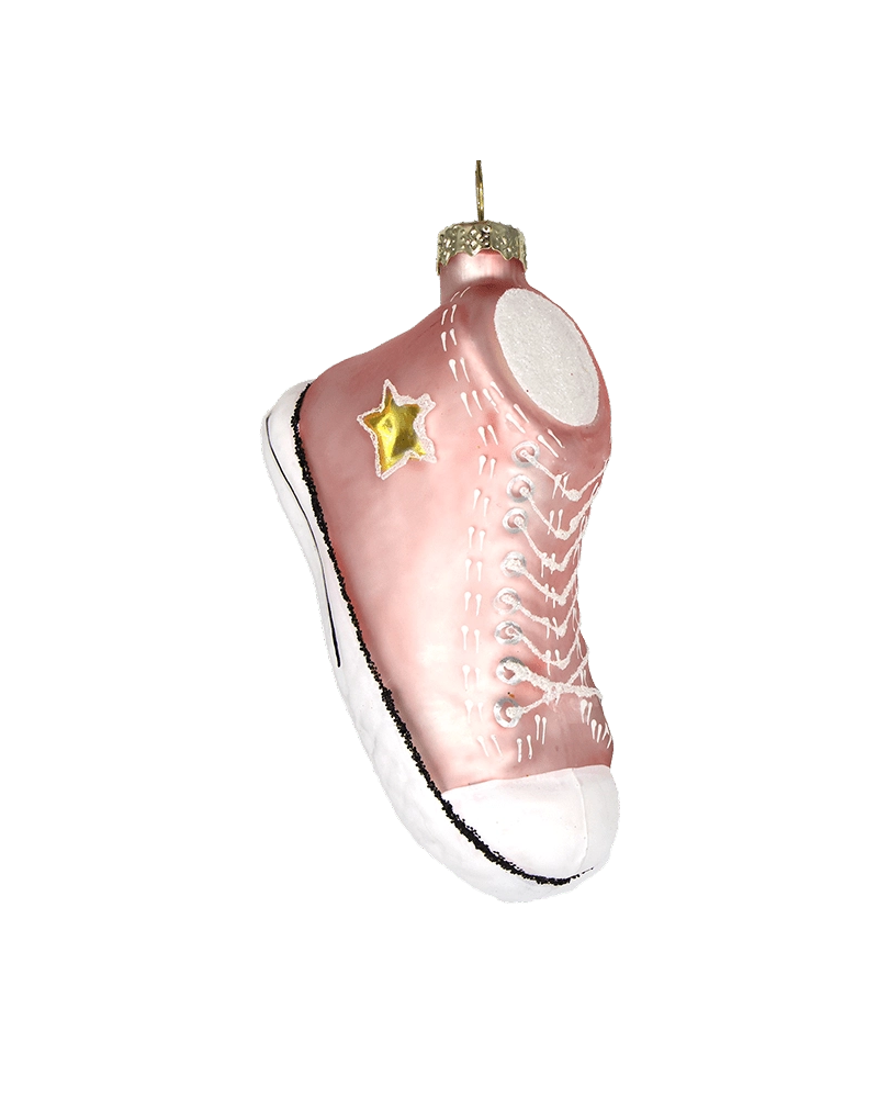 Chive glass sneaker ornament in pink with a gold star patch and white sole.