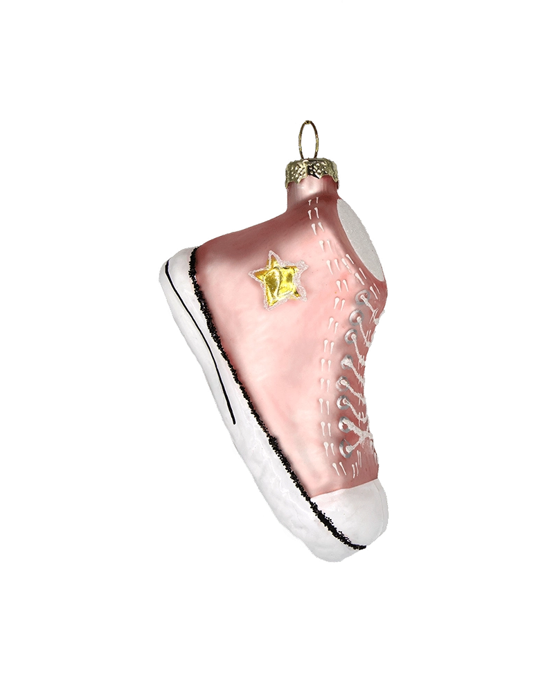 Chive glass sneaker ornament in pink, angled view of the laced high-top design.