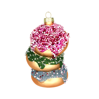 Chive glass stacked donuts ornament with pink, green, and blue beaded glaze detail.