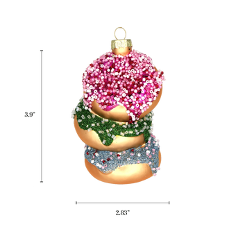 Chive glass stacked donuts ornament with a dimension diagram showing its tall stack size.