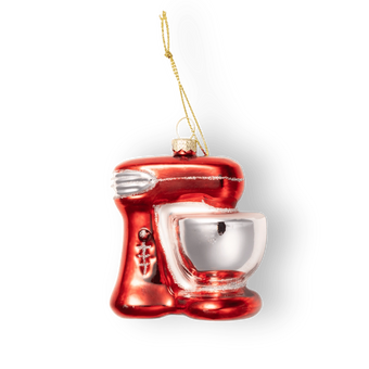 Chive glass stand mixer ornament in red with silver glitter trim accents.