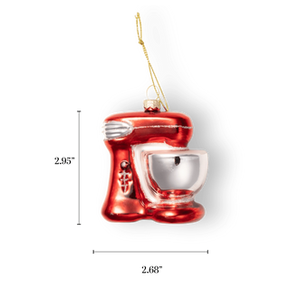 Chive glass stand mixer ornament in red with a silver mixing bowl.