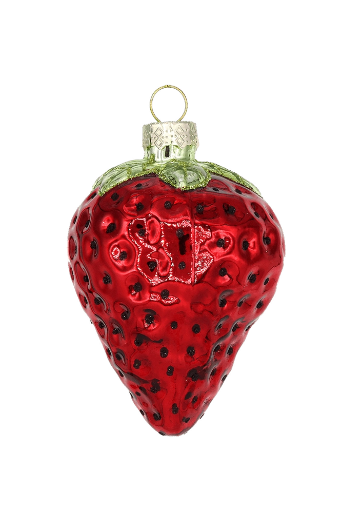 Chive glass strawberry ornament in red with a textured seed pattern and green cap.