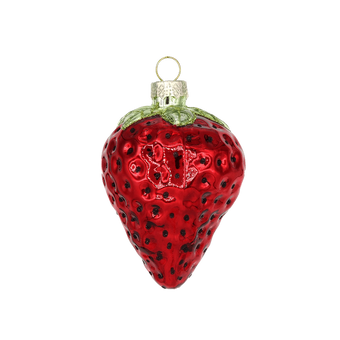 Chive glass strawberry ornament in red with a textured seed pattern and green cap.