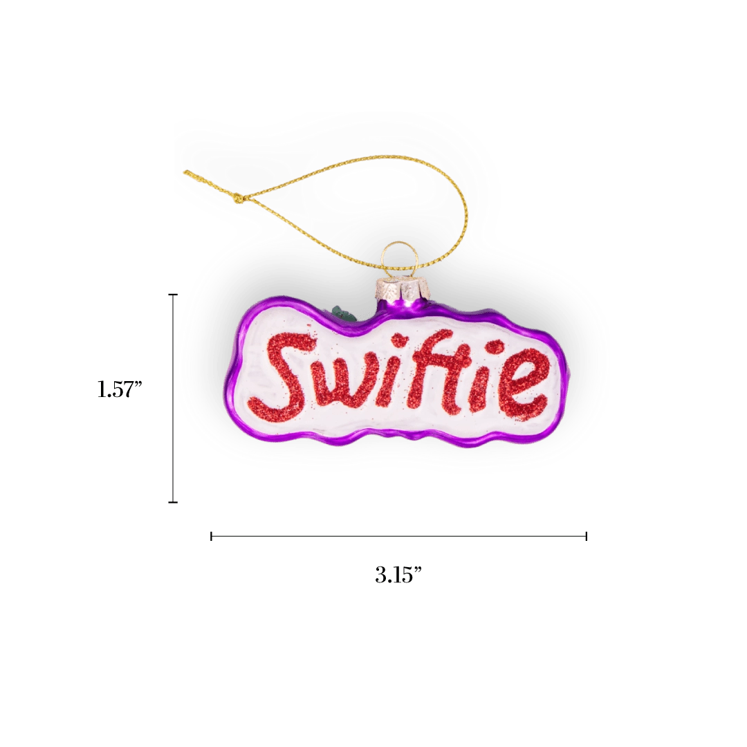 Chive glass "Swiftie" script ornament in white with a purple wavy border.