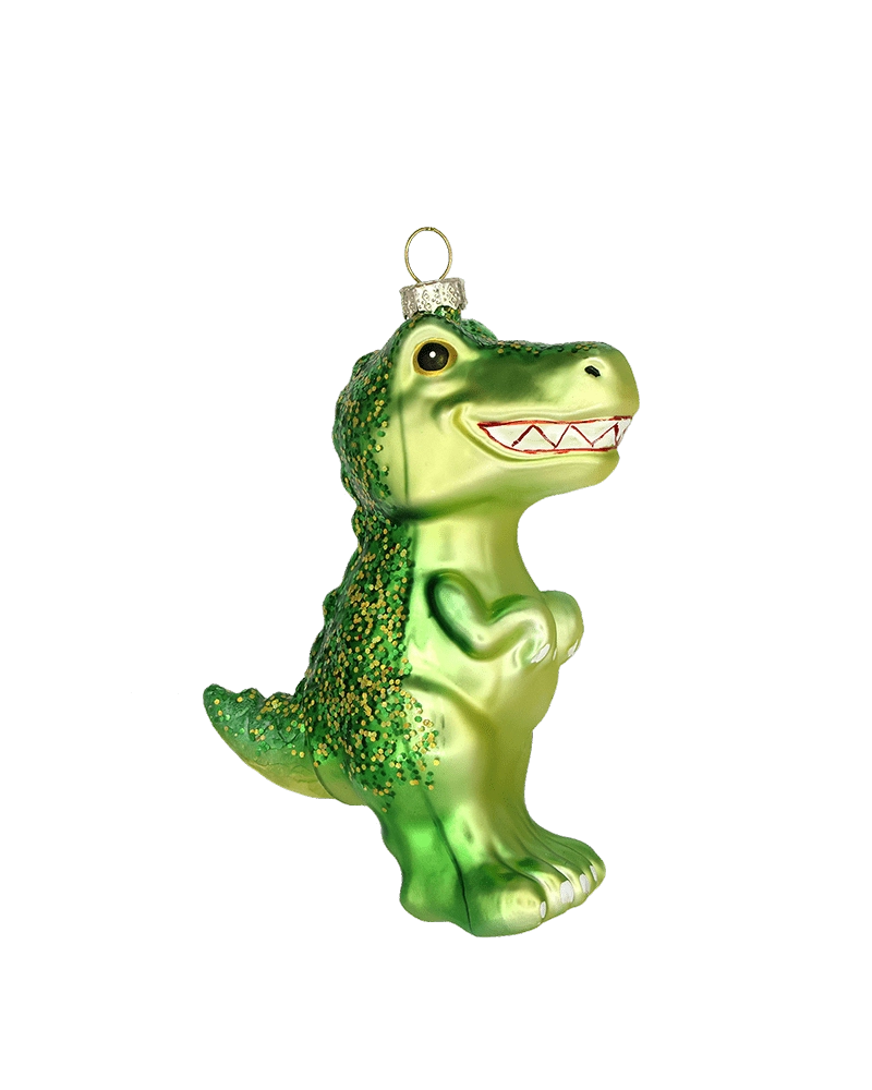 Chive glass T-Rex ornament in green with glittered scales and a toothy grin.