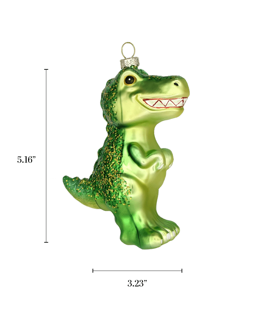 Chive glass T-Rex ornament with a dimension diagram showing its standing pose.