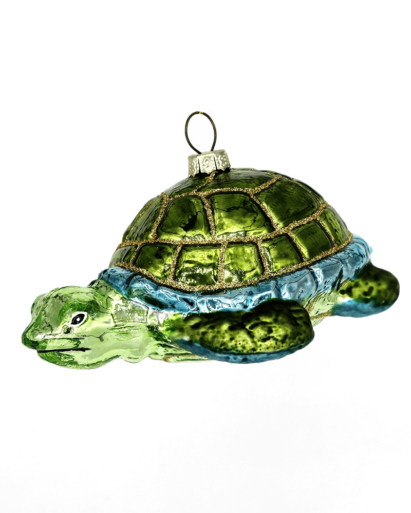 Chive glass tortoise ornament in green with a gold glitter-etched domed shell.
