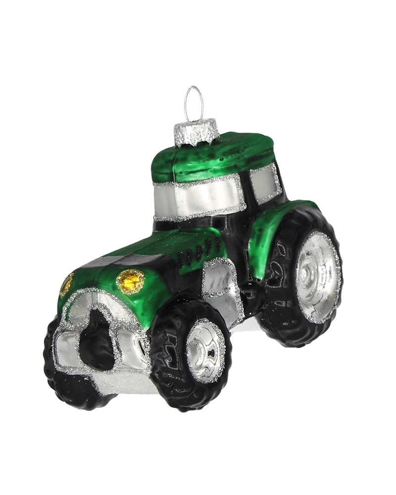 Chive glass farm tractor ornament in green with black tires and silver glitter trim.