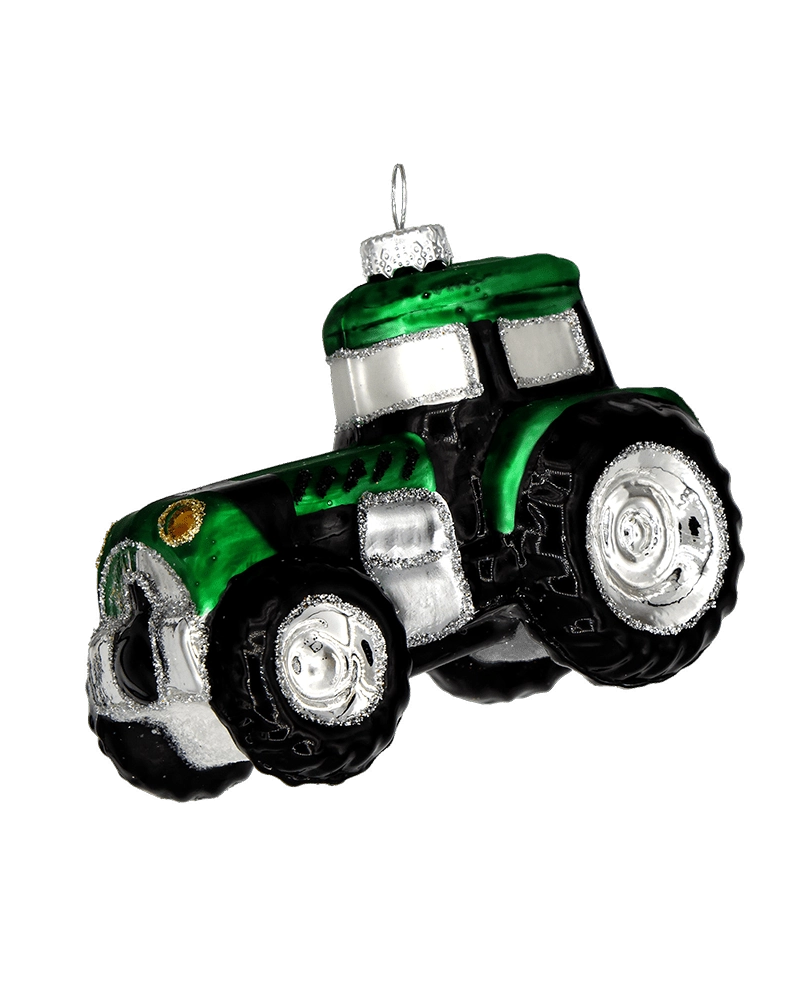 Chive glass farm tractor ornament shown at a slight angle with glittered wheel detail.