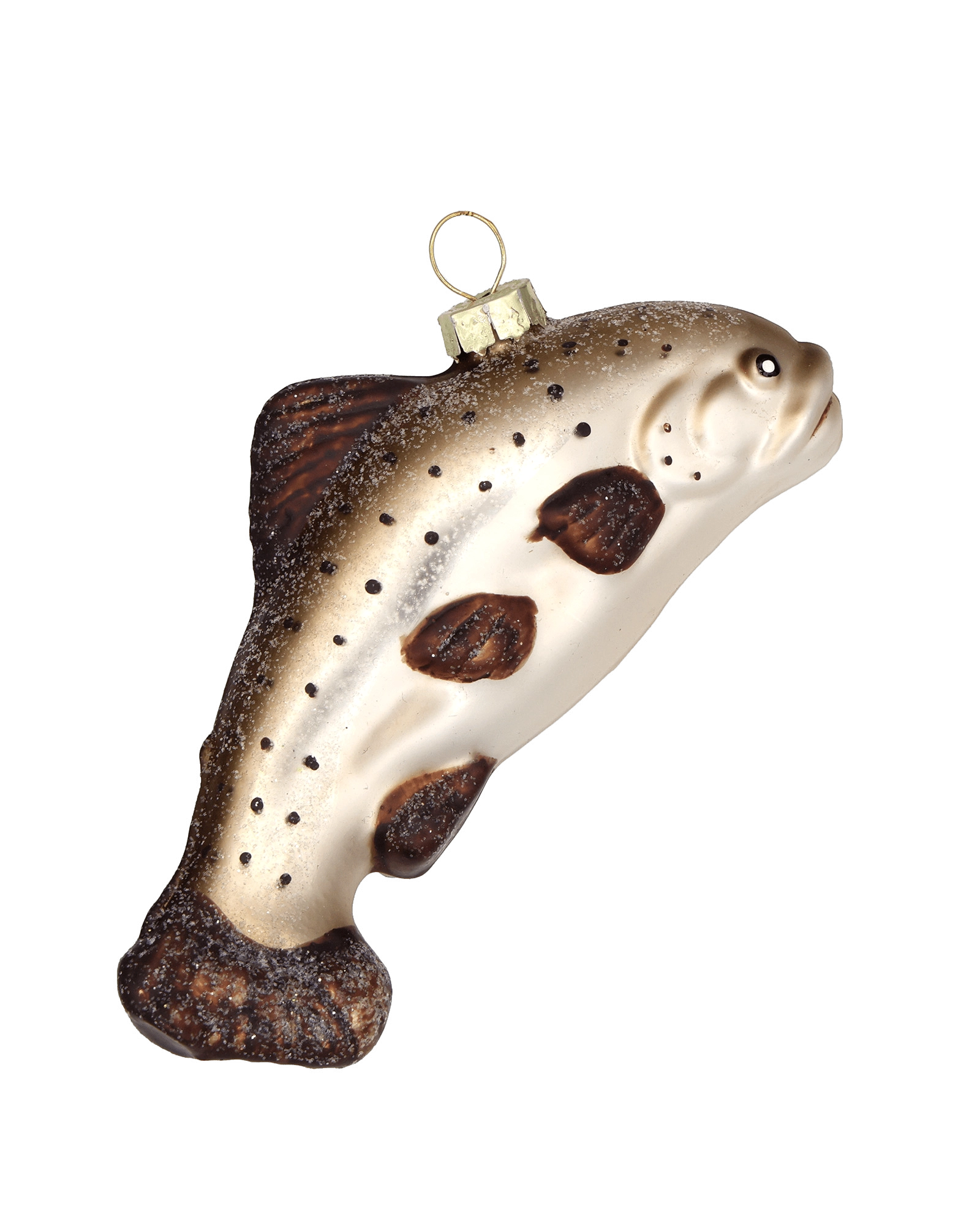 Chive glass trout ornament in cream and brown with speckled scale detail.
