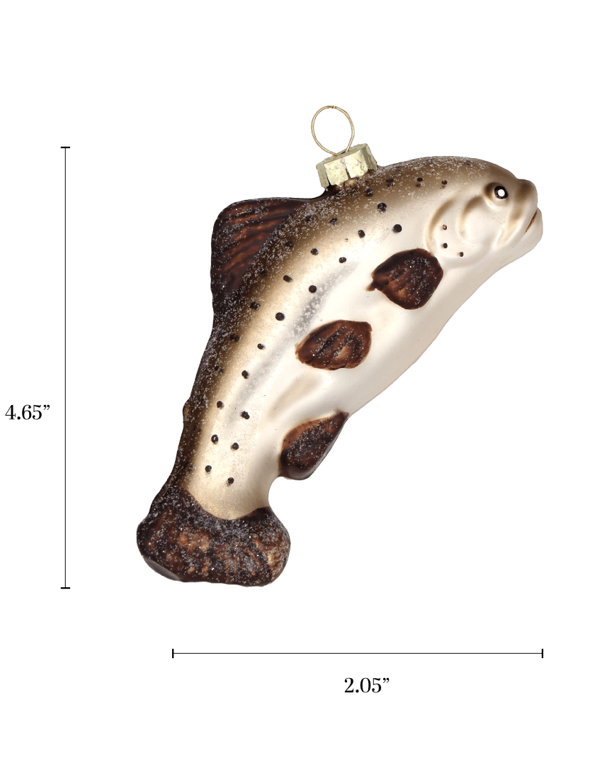 Chive glass trout ornament with a dimension diagram showing its curved leaping pose.
