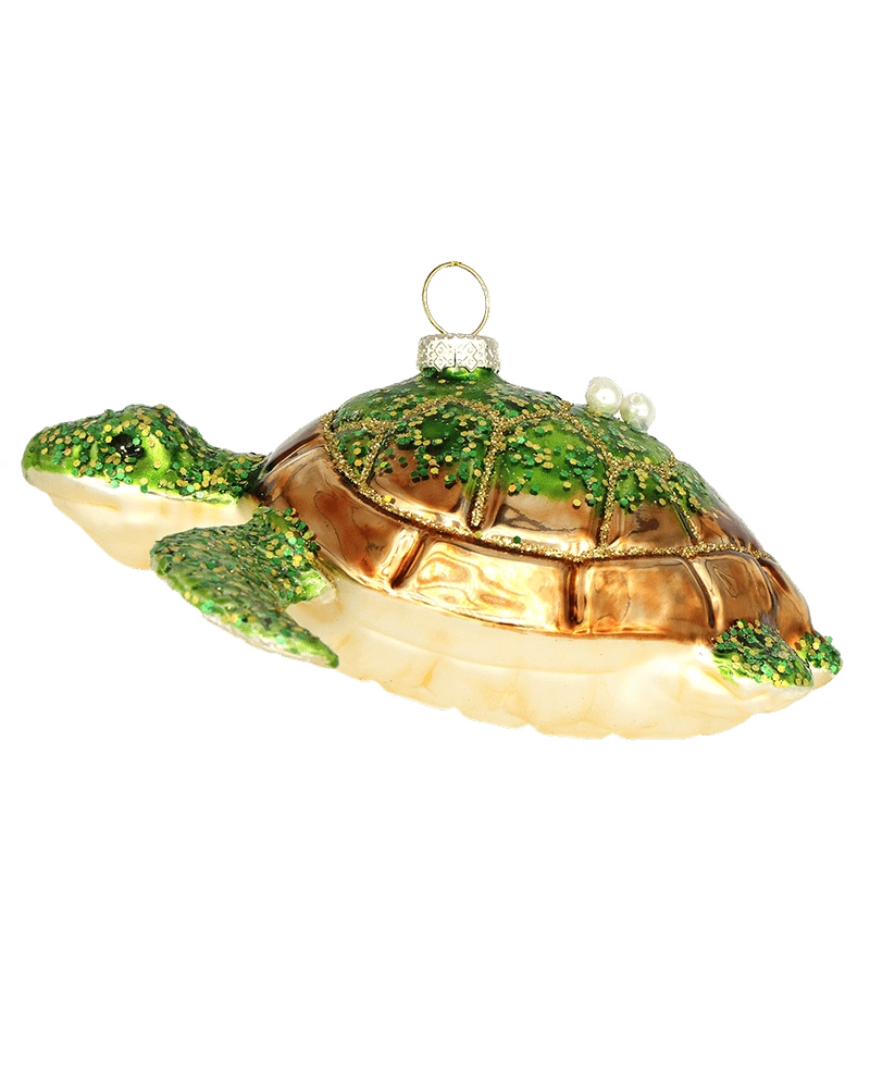 Chive glass sea turtle ornament in gold with green glitter shell and pearl accents.