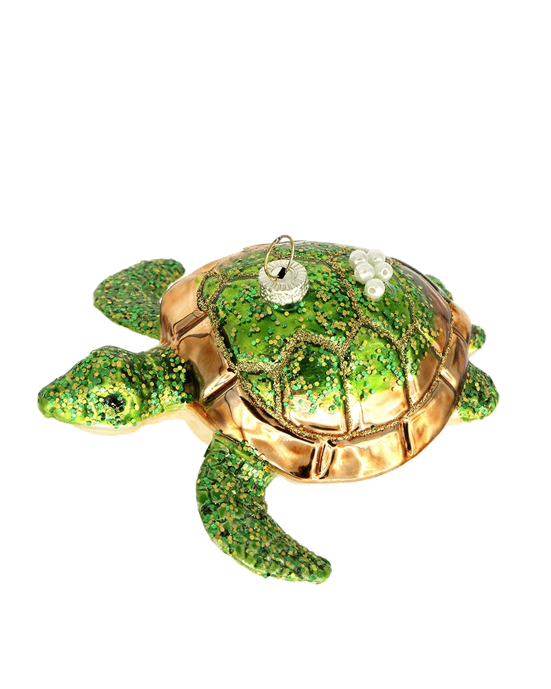 Chive glass sea turtle ornament, overhead view of the gold glitter-etched shell.