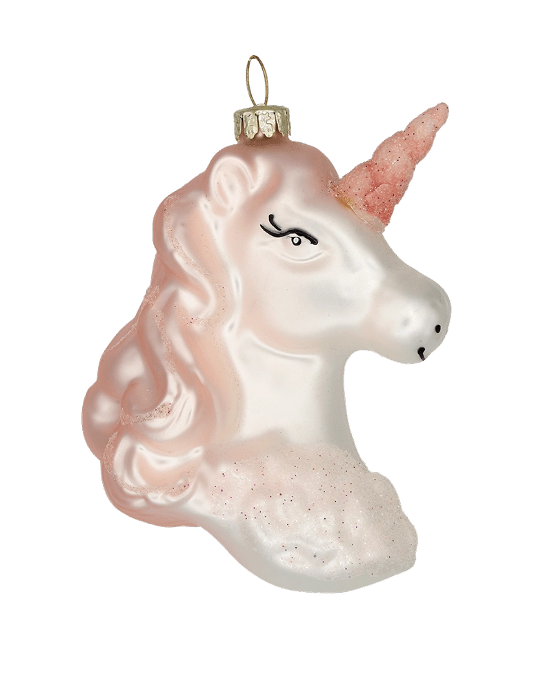 Chive glass unicorn head ornament in white with a pink glittered mane and horn.