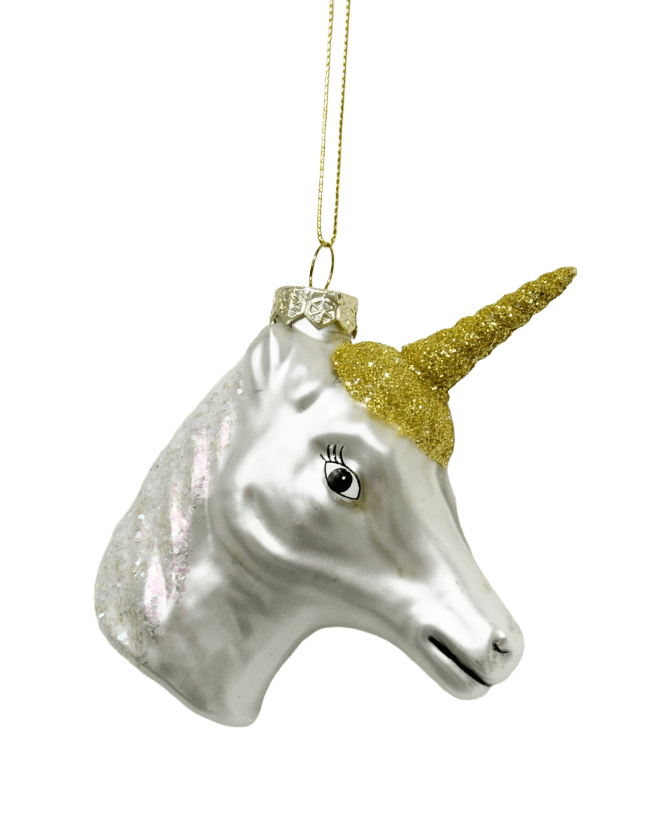 Chive glass unicorn head ornament in silver with iridescent glitter accents.