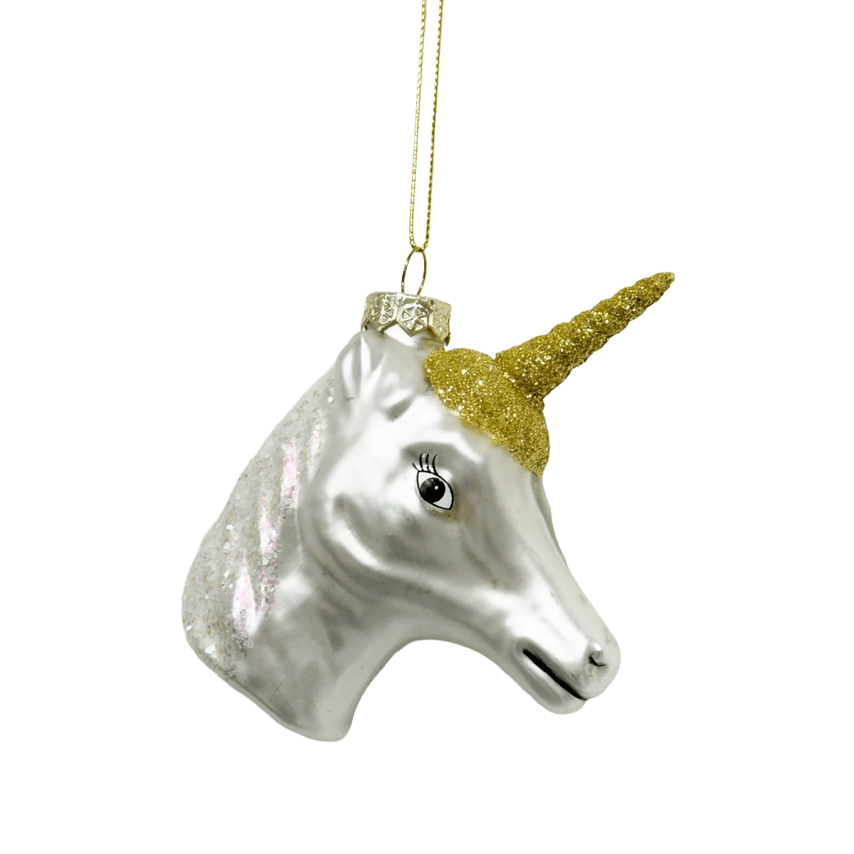 Chive glass unicorn head ornament in silver with iridescent glitter accents.