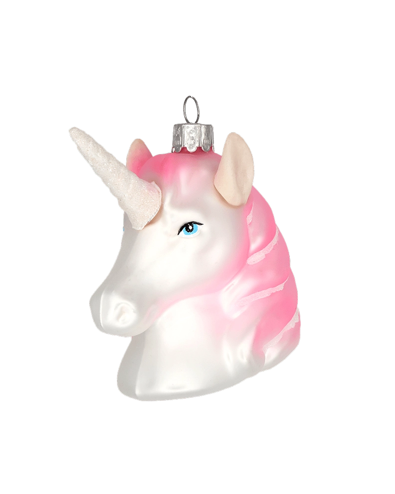 Chive glass unicorn head ornament in white with a pink mane and glittered horn.