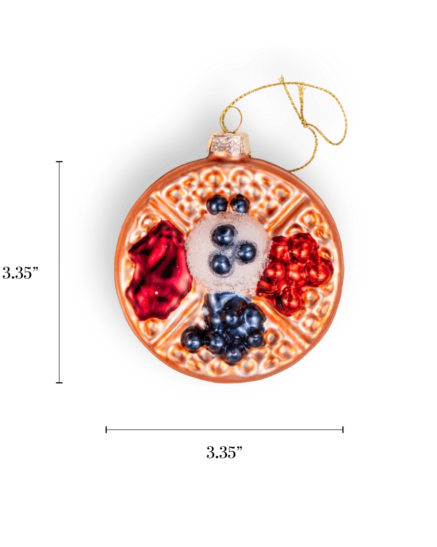 Chive glass waffle ornament in golden brown with mixed berry toppings.