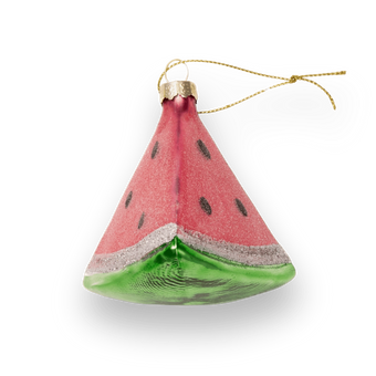 Chive glass watermelon slice ornament in pink and green with a wedge shape.