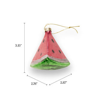 Chive glass watermelon slice ornament with a glittered pink rind and black seeds.