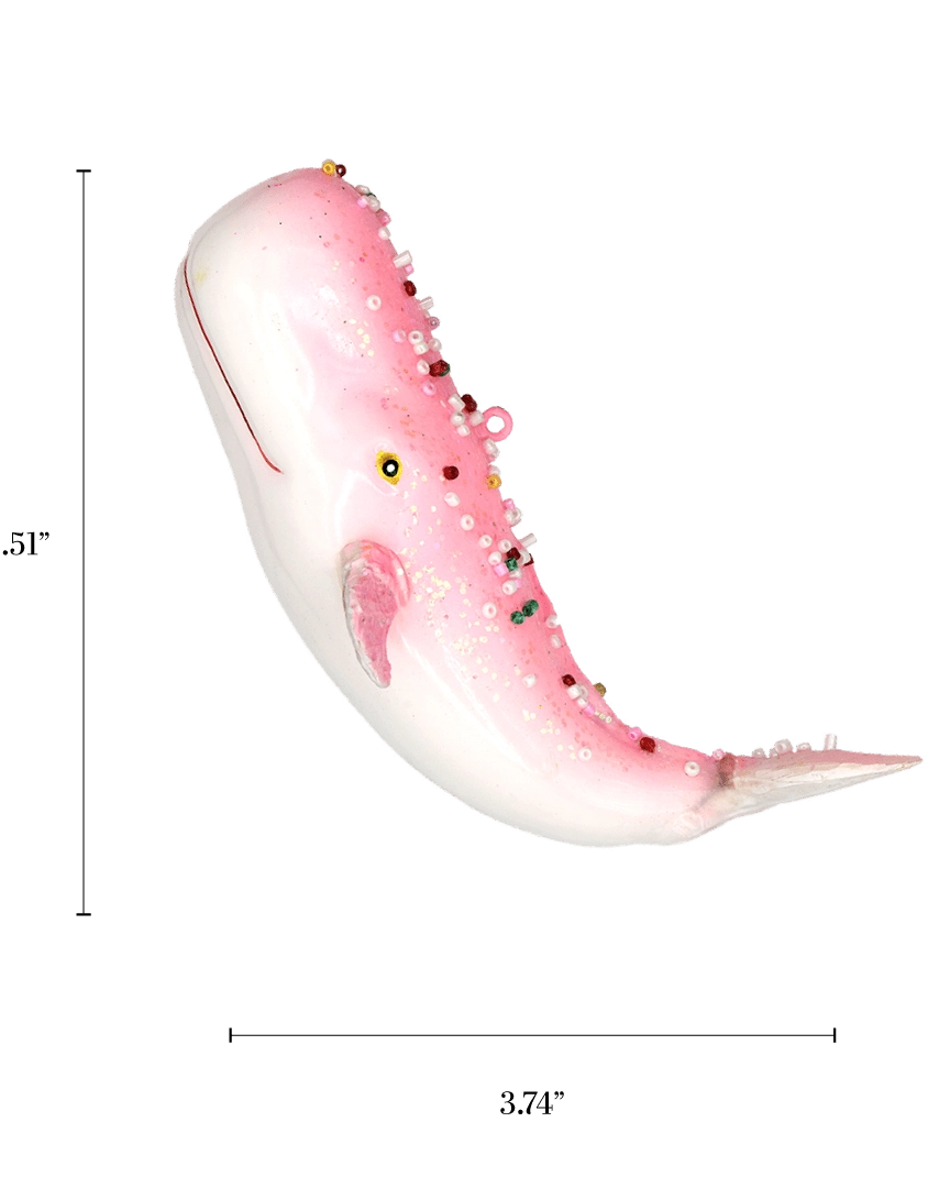 Chive glass whale ornament with a dimension diagram showing its curved swimming size.