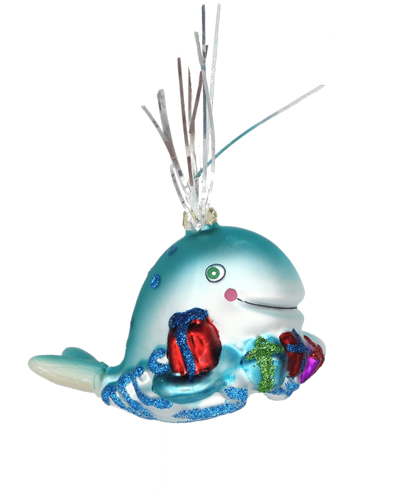 Chive glass whale ornament in teal holding wrapped gifts with a tinsel spout.