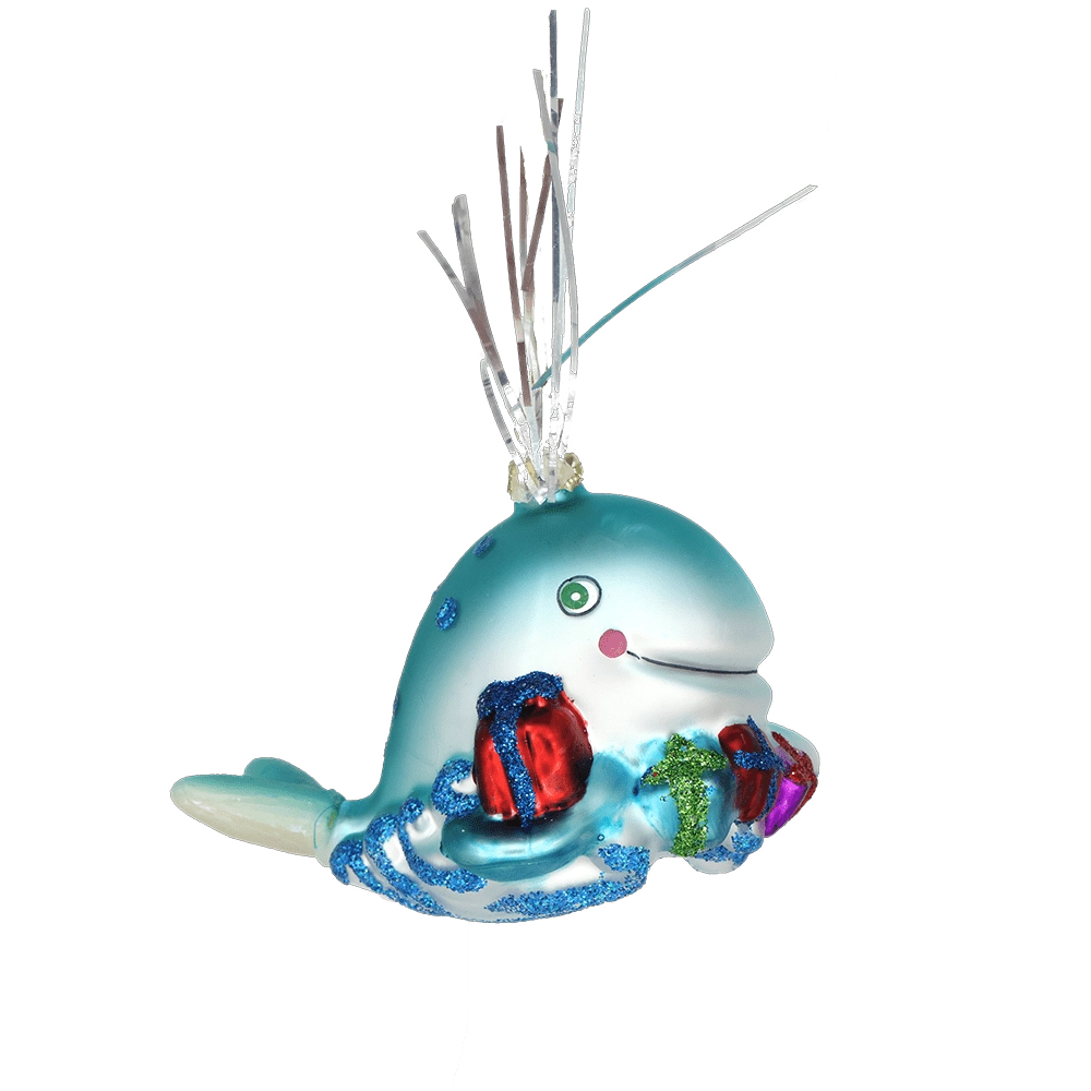 Chive glass whale ornament in teal holding wrapped gifts with a tinsel spout.