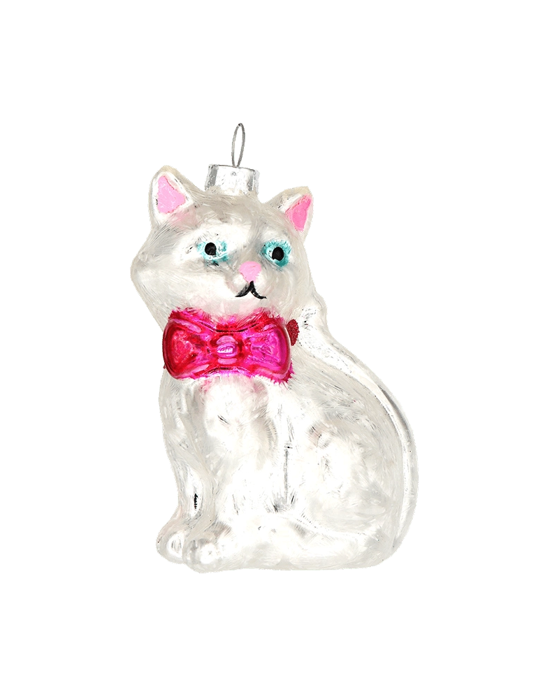 Chive glass white cat ornament with a pink bow tie and painted blue eyes.