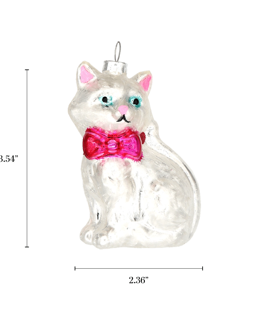 Chive glass white cat ornament with a dimension diagram showing its seated pose.